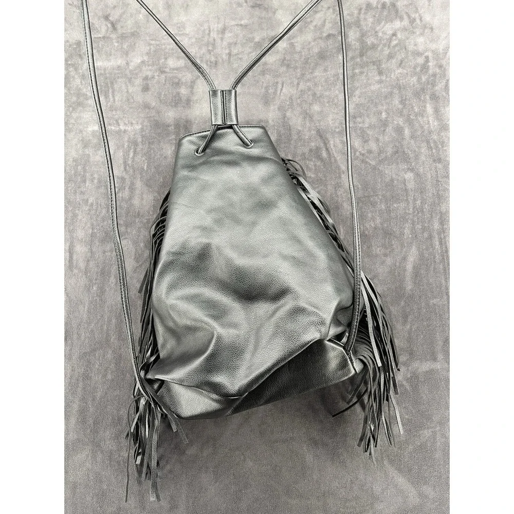 Victoria's Secret Black Fringe Backpack Faux Leather Boho Festival Bag Large